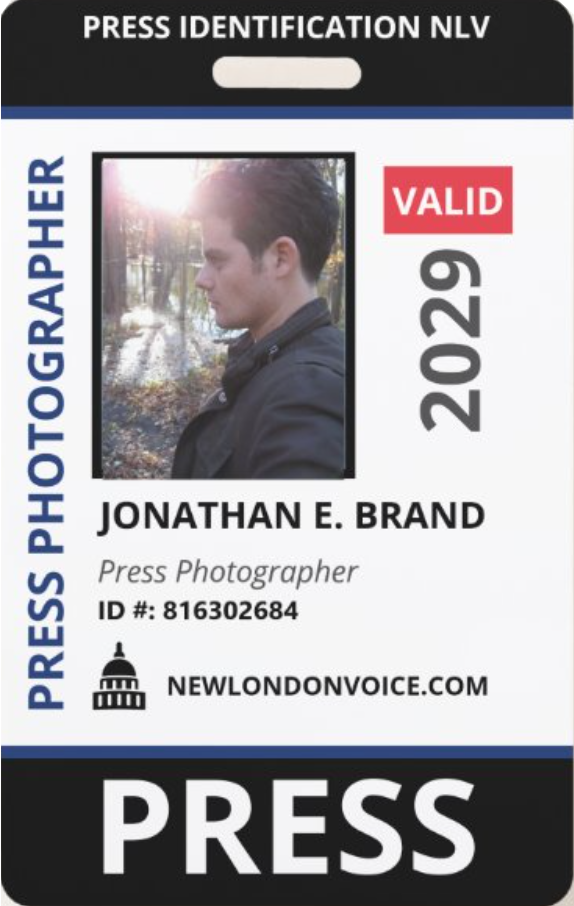 Jonathan Brand's press pass for New London Voice